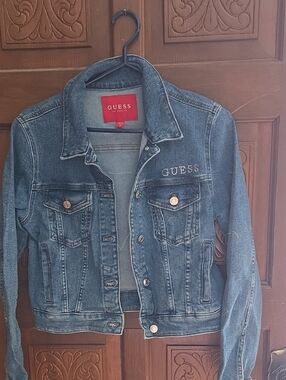 GUESS Distressed Blue Denim Jacket with Rhinestone Logo